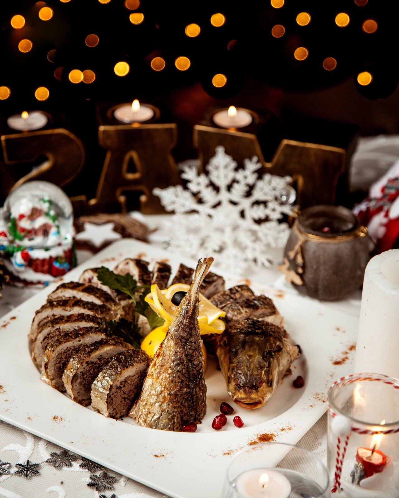 sliced fish with filling and lemon